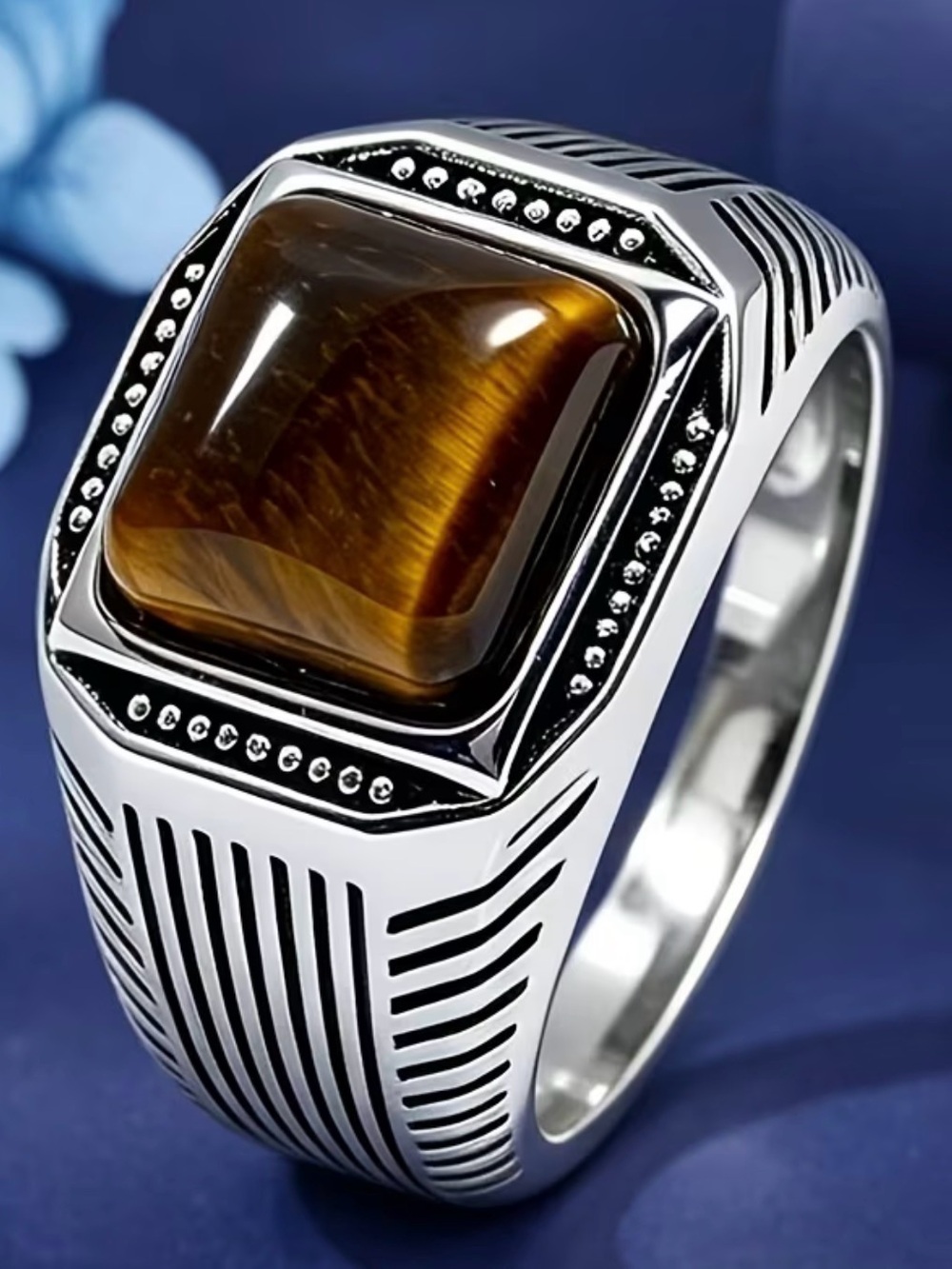 Men's Vintage Inspired Tiger's Eye Silver Signet Ring Size 10